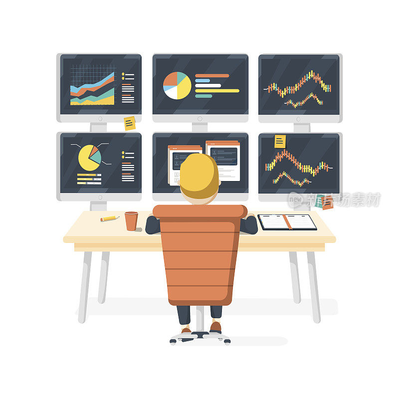 Stock market exchange trader working selling and buying equity sitting at desk with six displays